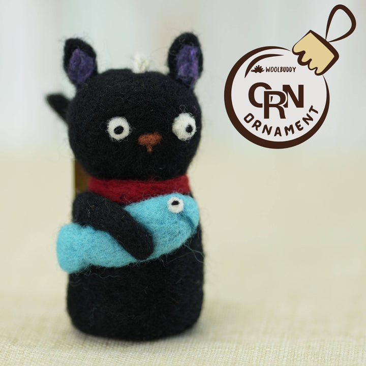 Black Cat with Fish Ornament (premade)