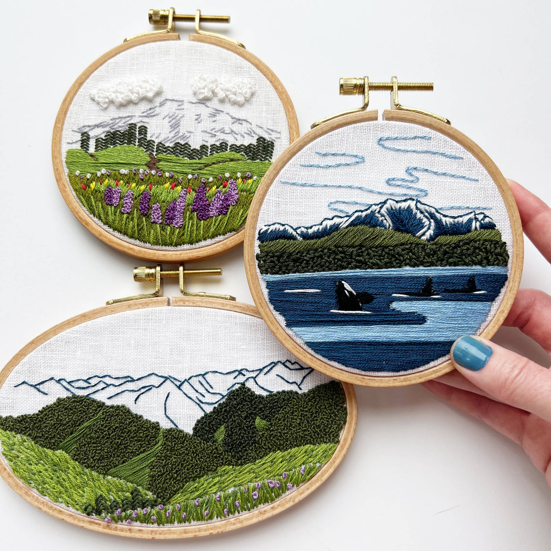 Orcas in the Sound Landscape Embroidery Kit for Beginners
