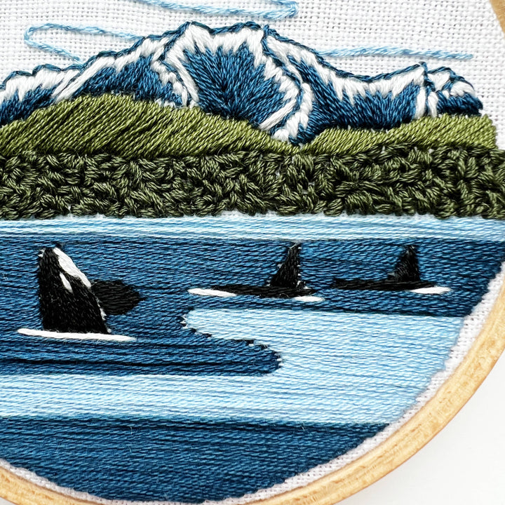 Orcas in the Sound Landscape Embroidery Kit for Beginners