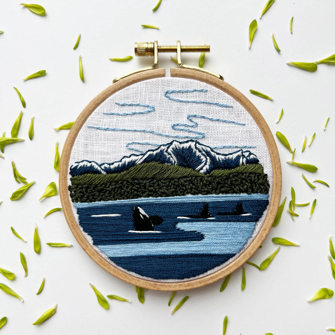 Orcas in the Sound Landscape Embroidery Kit for Beginners