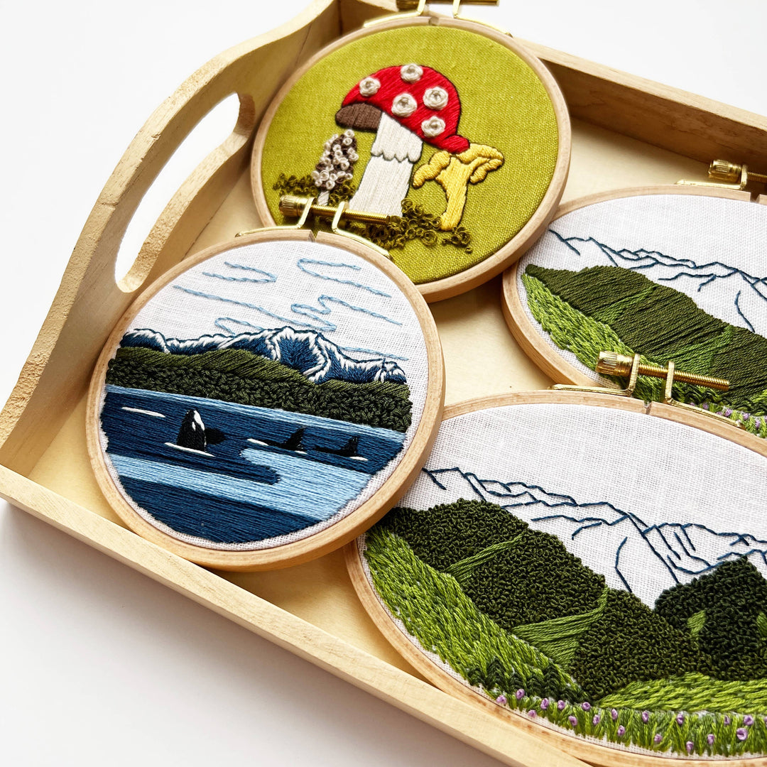Orcas in the Sound Landscape Embroidery Kit for Beginners