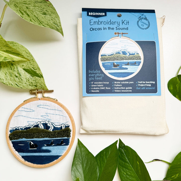 Orcas in the Sound Landscape Embroidery Kit for Beginners