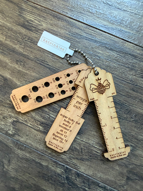 Tiny Tool Set of 3: Yarn Weight Gauge, Needle and Hook Gauge, 2" Ruler