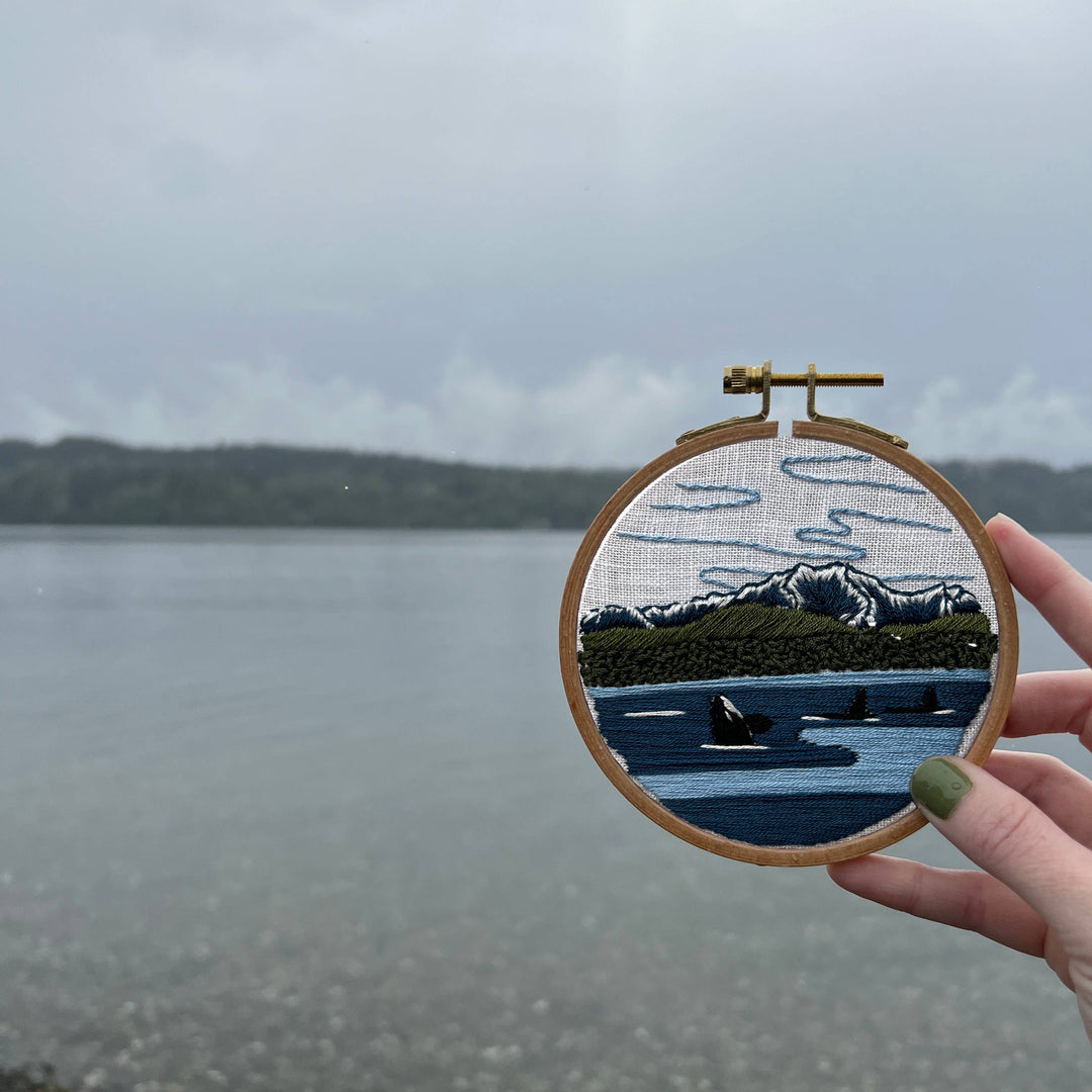 Orcas in the Sound Landscape Embroidery Kit for Beginners