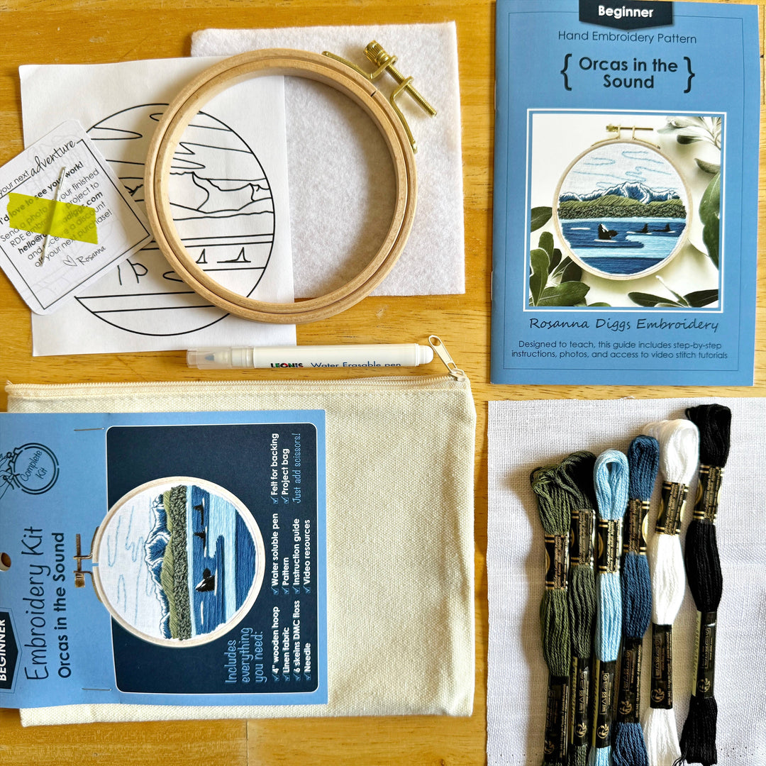 Orcas in the Sound Landscape Embroidery Kit for Beginners