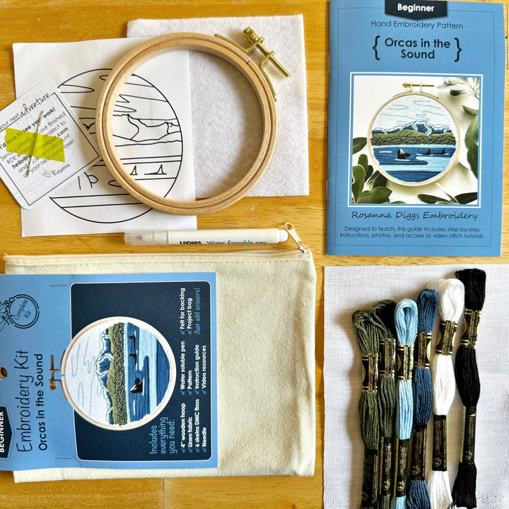 Orcas in the Sound Landscape Embroidery Kit for Beginners