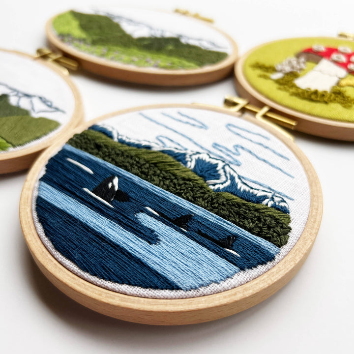Orcas in the Sound Landscape Embroidery Kit for Beginners